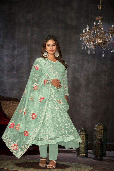 Mint Green Floral Embroidered Net Anarkali Suit