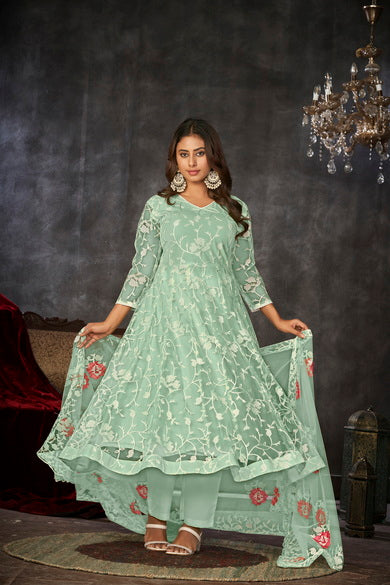 Mint Green Floral Embroidered Net Anarkali Suit
