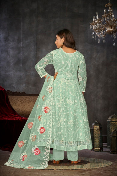 Mint Green Floral Embroidered Net Anarkali Suit