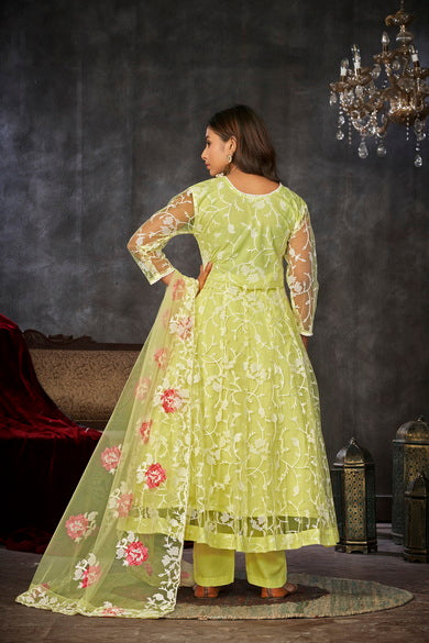 Light Yellow Floral Net Embroidered Anarkali Suit