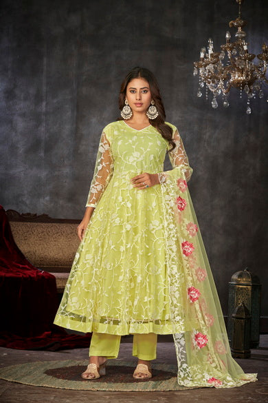Light Yellow Floral Net Embroidered Anarkali Suit