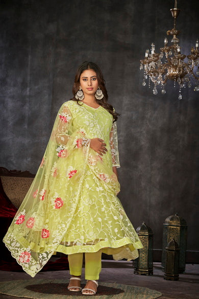 Light Yellow Floral Net Embroidered Anarkali Suit