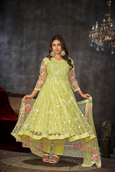 Light Yellow Floral Net Embroidered Anarkali Suit