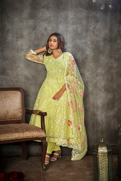 Light Yellow Floral Net Embroidered Anarkali Suit
