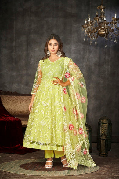 Light Yellow Floral Net Embroidered Anarkali Suit