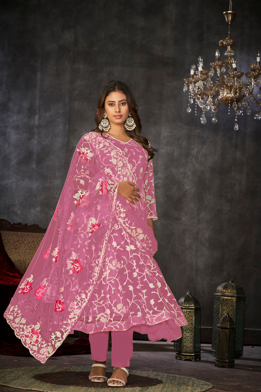 Dusty Pink Net Anarkali with White Thread Work