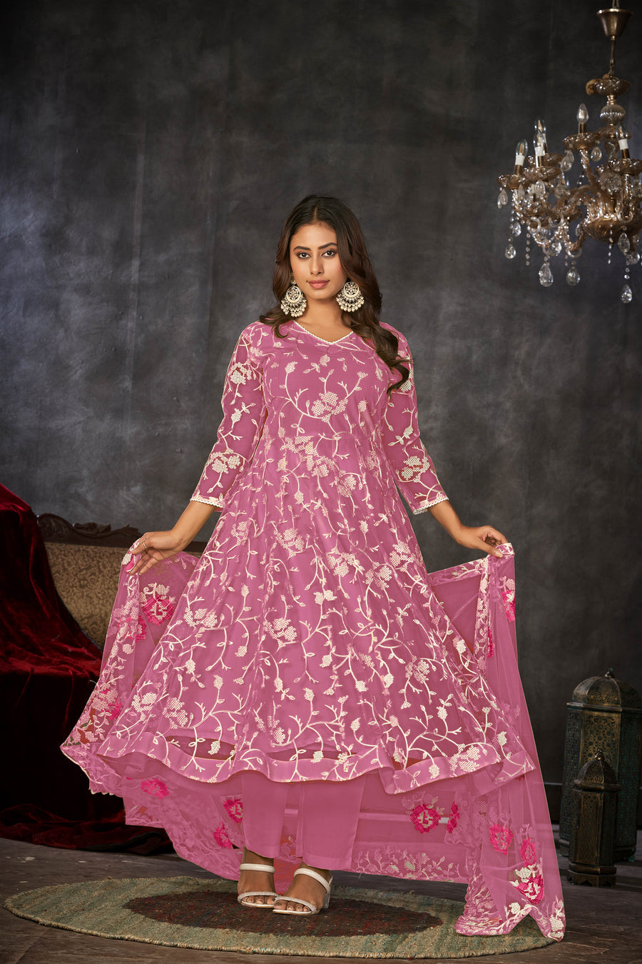 Dusty Pink Net Anarkali with White Thread Work