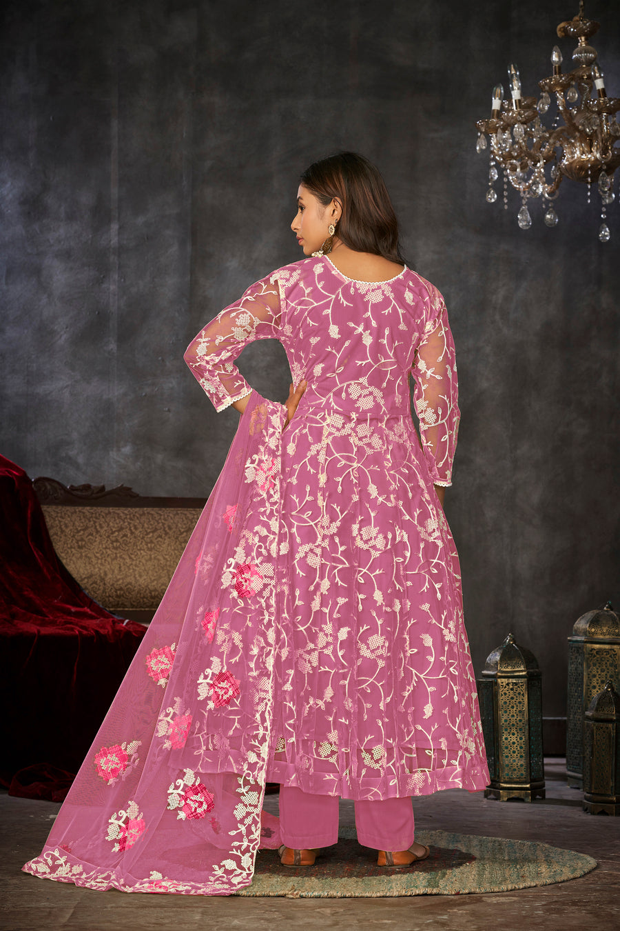 Dusty Pink Net Anarkali with White Thread Work