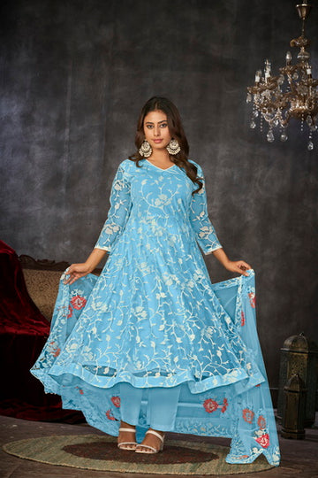 Sky Blue Net Anarkali with White Thread Embroidery