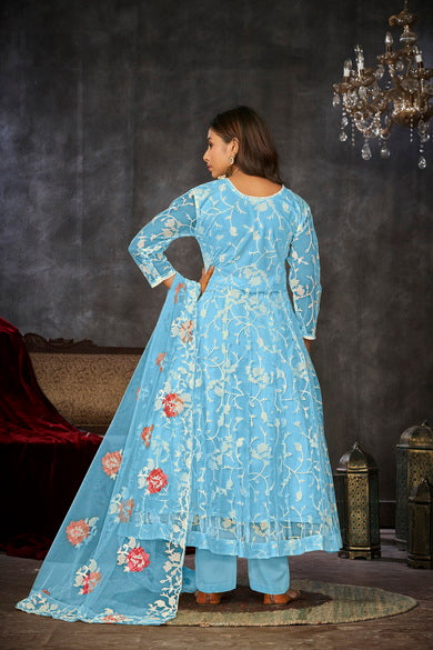 Sky Blue Net Anarkali with White Thread Embroidery