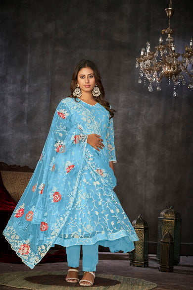 Sky Blue Net Anarkali with White Thread Embroidery