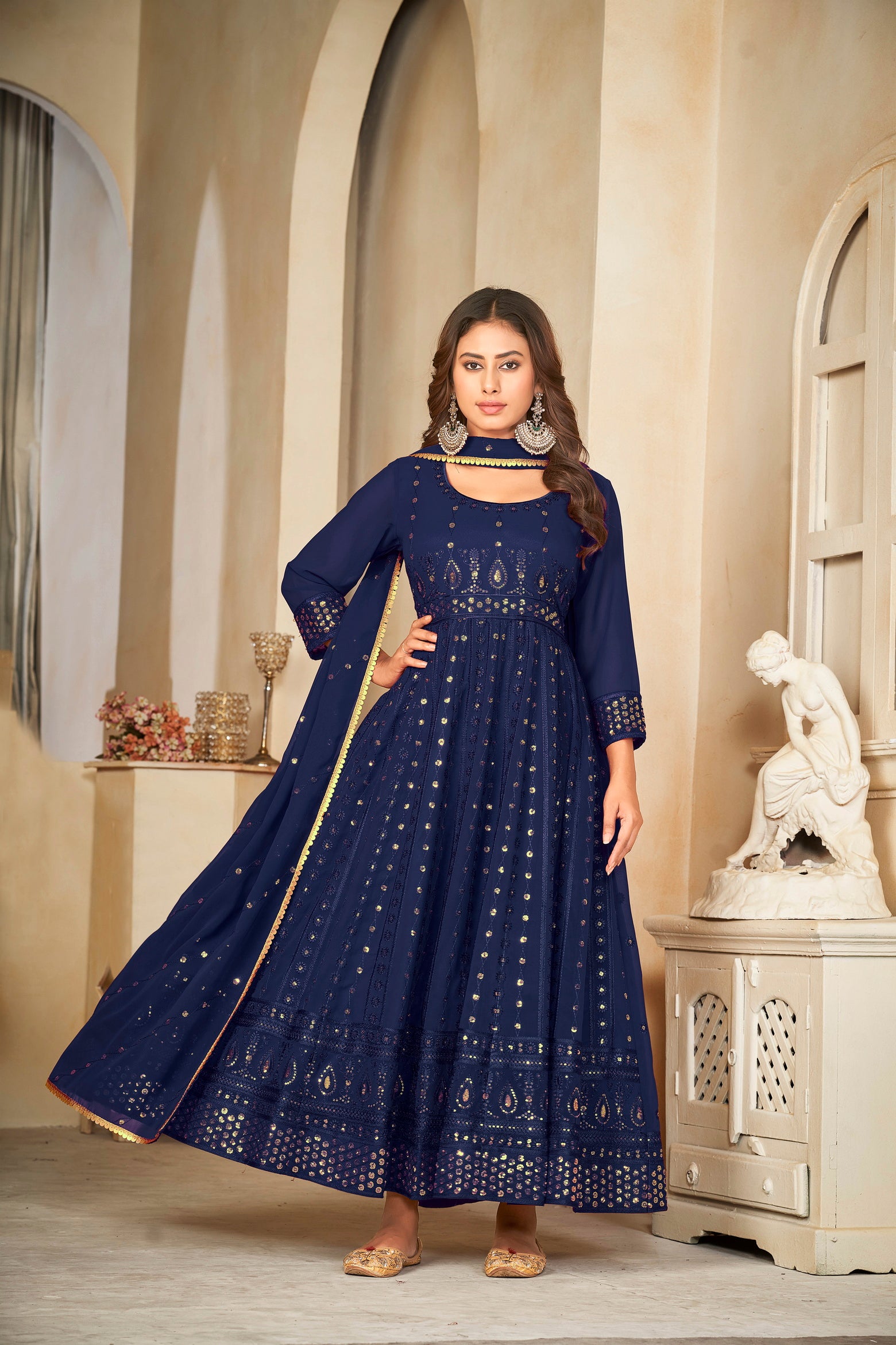Navy Blue Mirror Work Anarkali Suit with Embroidered Detailing