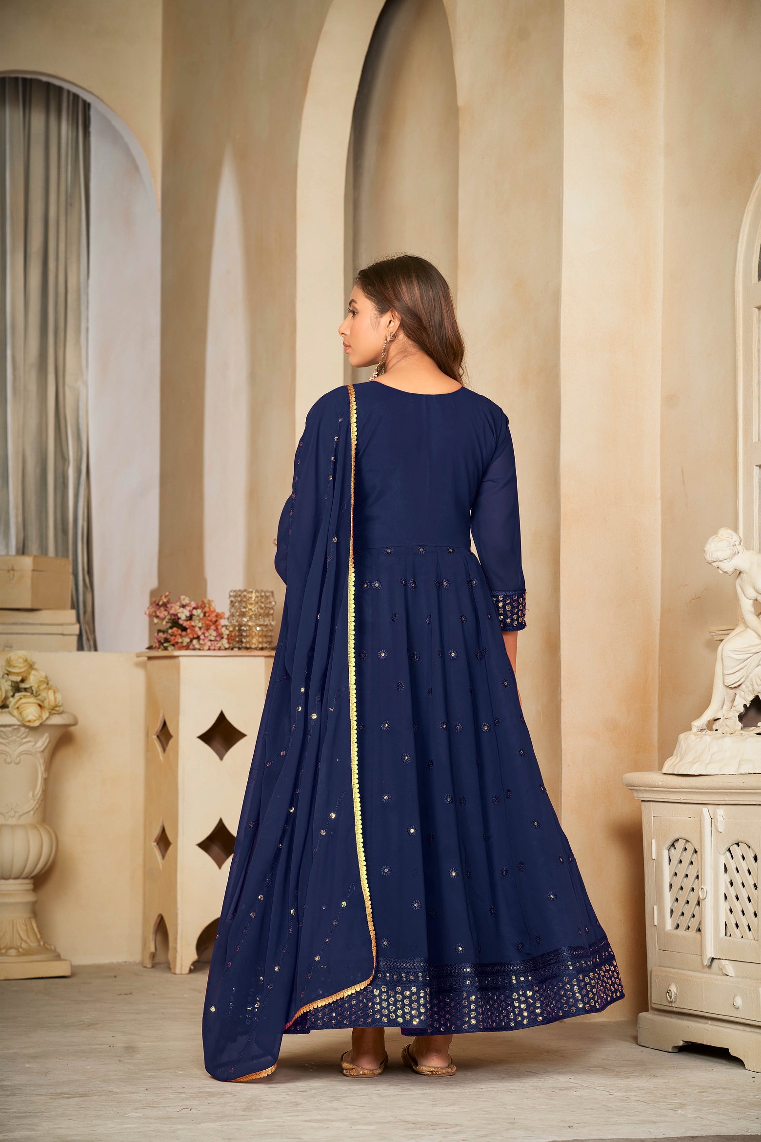 Navy Blue Mirror Work Anarkali Suit with Embroidered Detailing