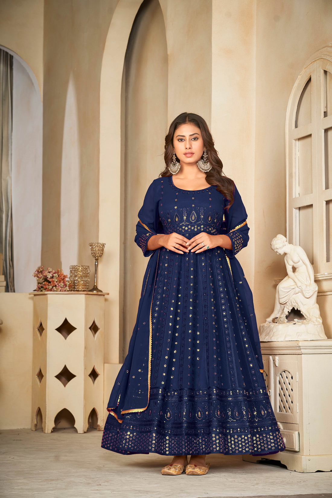 Navy Blue Mirror Work Anarkali Suit with Embroidered Detailing