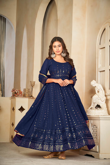 Navy Blue Mirror Work Anarkali Suit with Embroidered Detailing