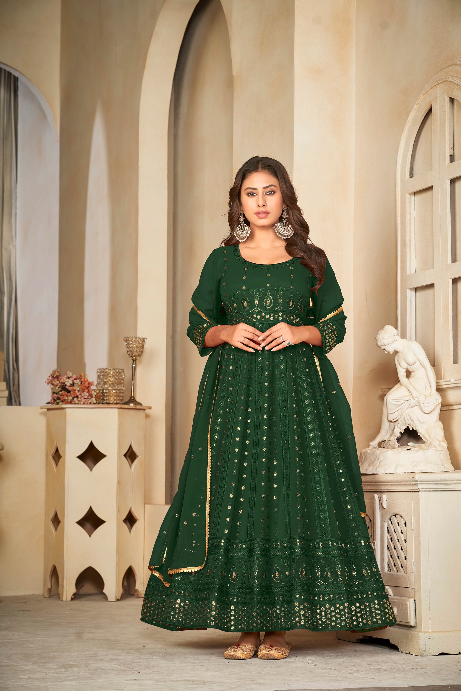 Green Mirror Work Anarkali Suit with Embroidered Detailing