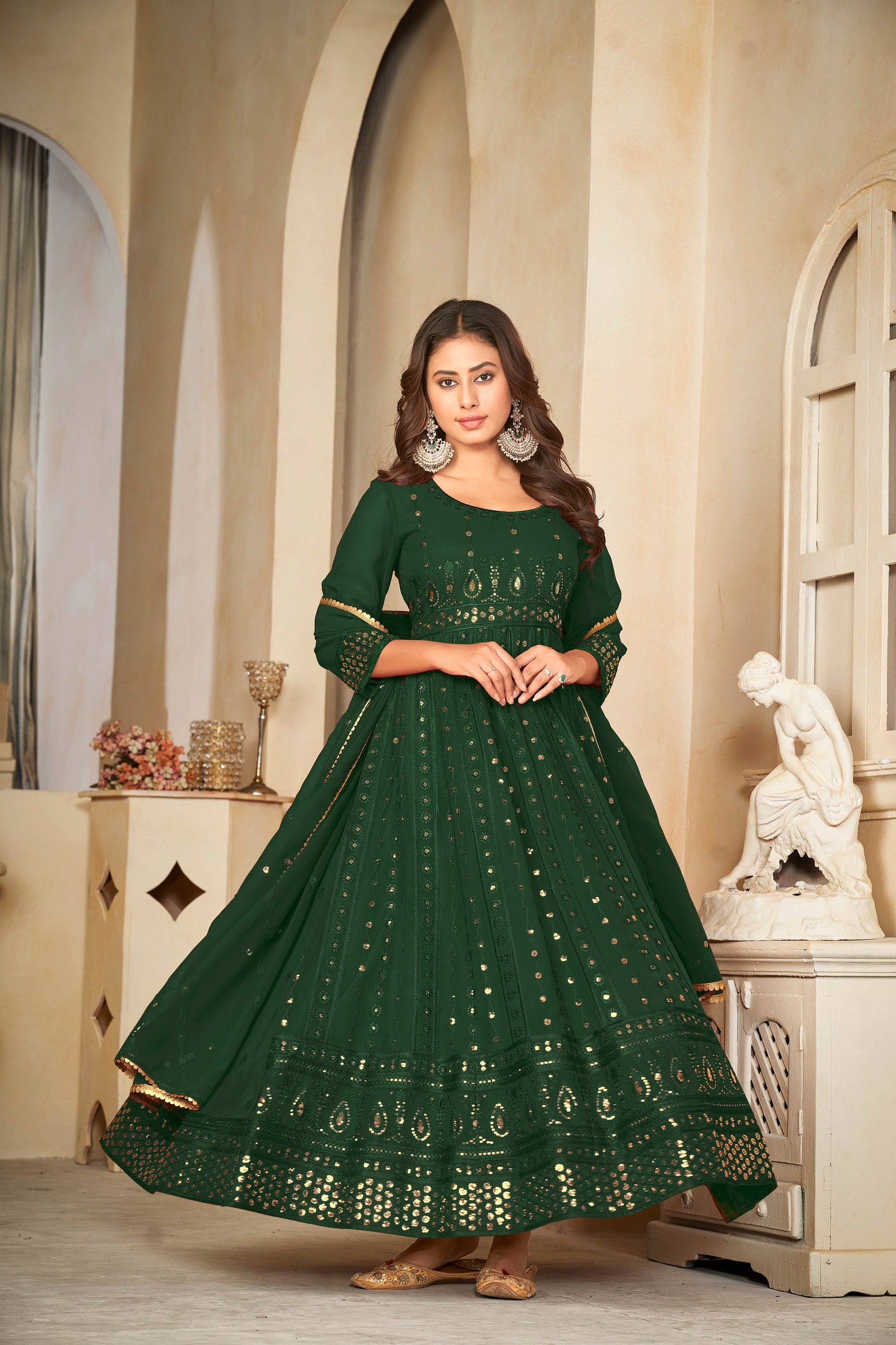 Green Mirror Work Anarkali Suit with Embroidered Detailing