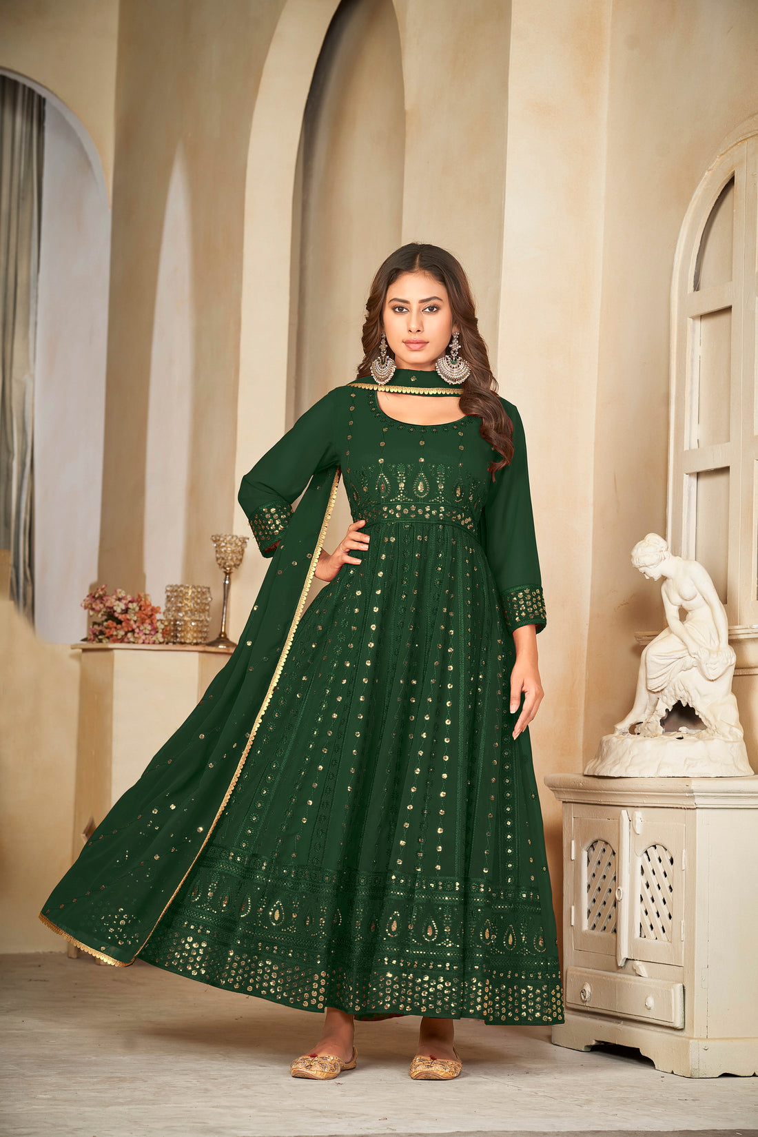 Green Mirror Work Anarkali Suit with Embroidered Detailing