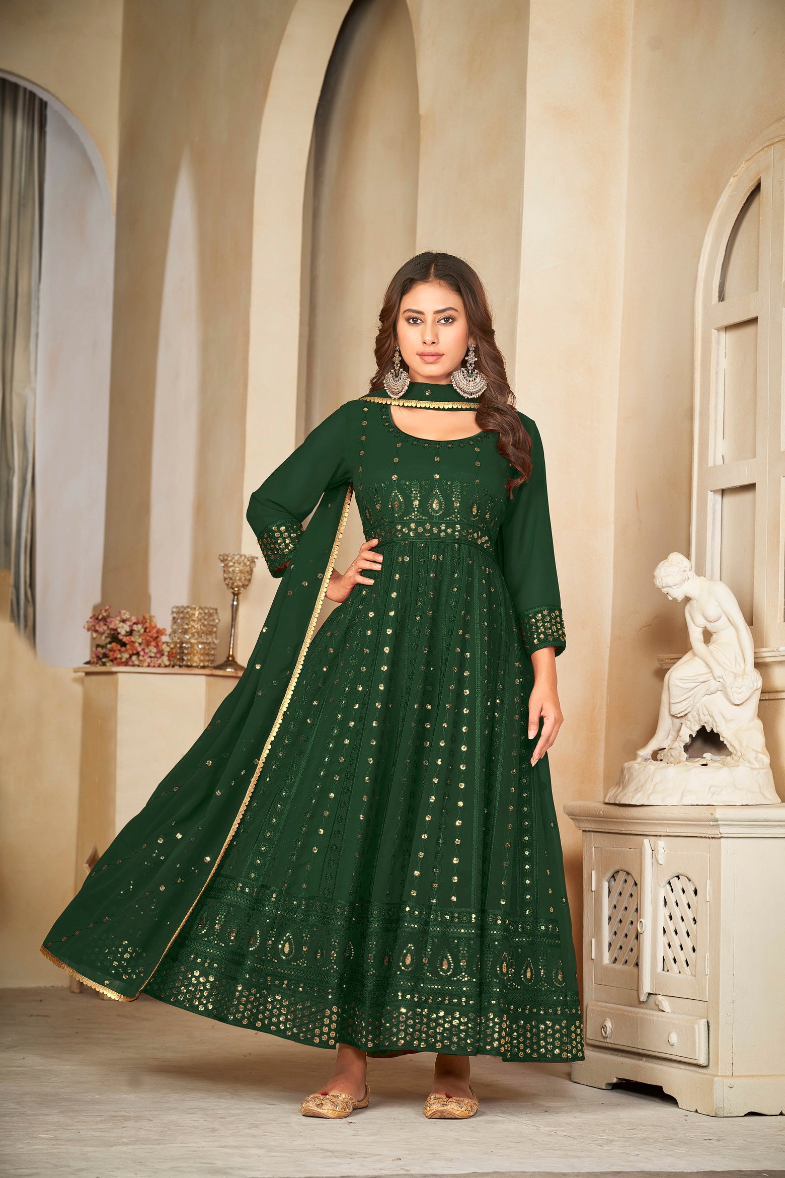 Green Mirror Work Anarkali Suit with Embroidered Detailing