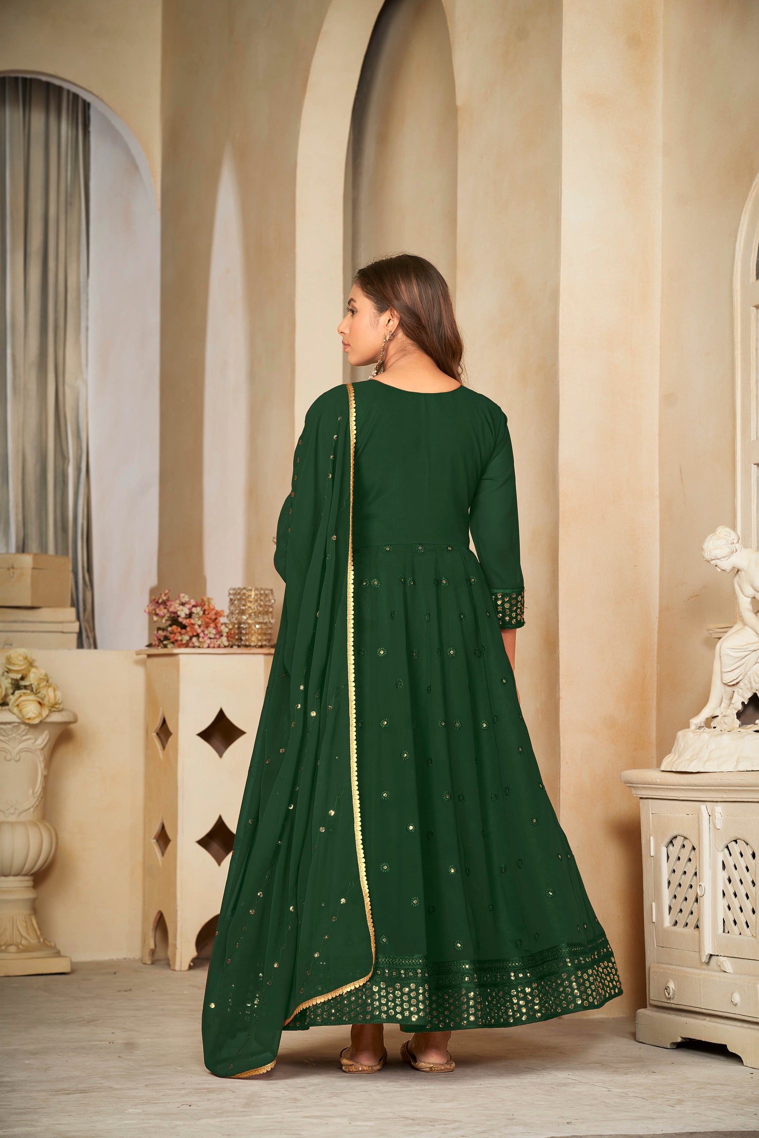 Green Mirror Work Anarkali Suit with Embroidered Detailing