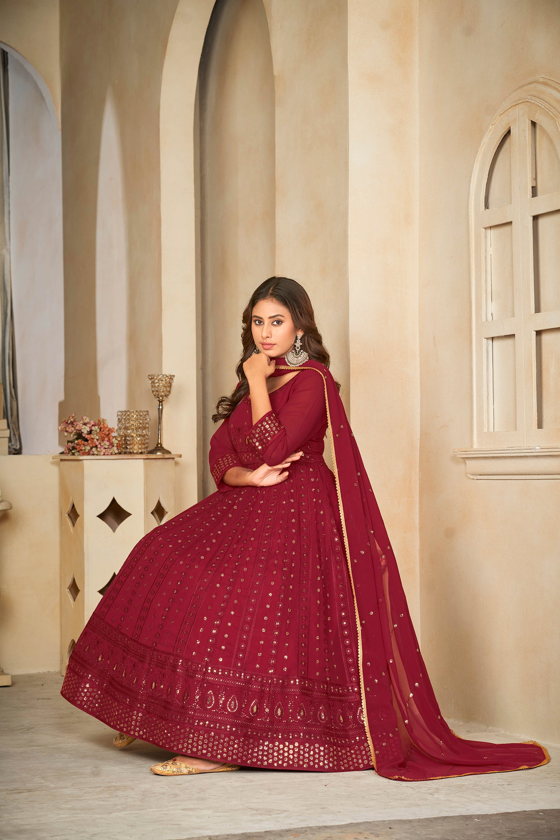 Maroon Mirror Work Anarkali Suit with Embroidered Detailing