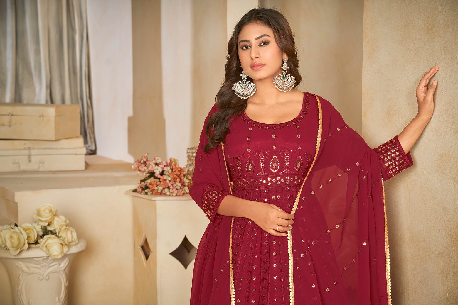 Maroon Mirror Work Anarkali Suit with Embroidered Detailing