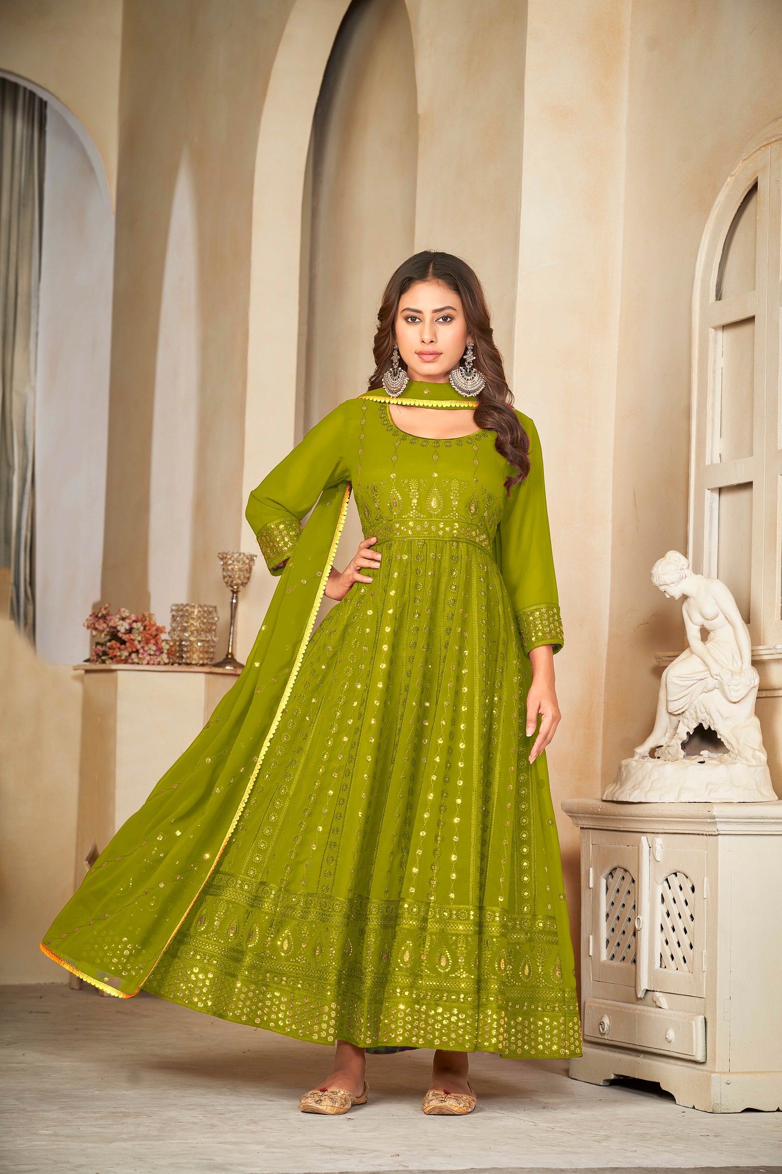 Mehendi Green Mirror Work Anarkali Suit with Embroidered Detailing