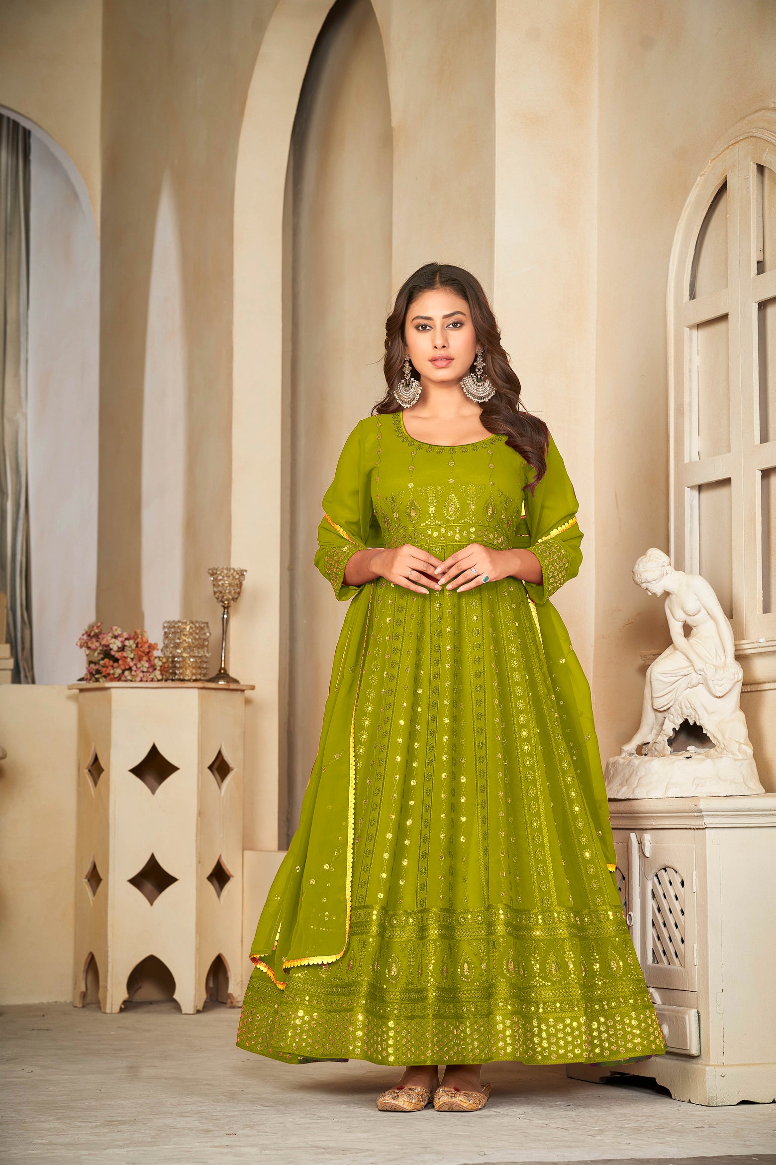 Mehendi Green Mirror Work Anarkali Suit with Embroidered Detailing