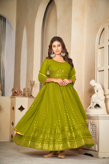 Mehendi Green Mirror Work Anarkali Suit with Embroidered Detailing