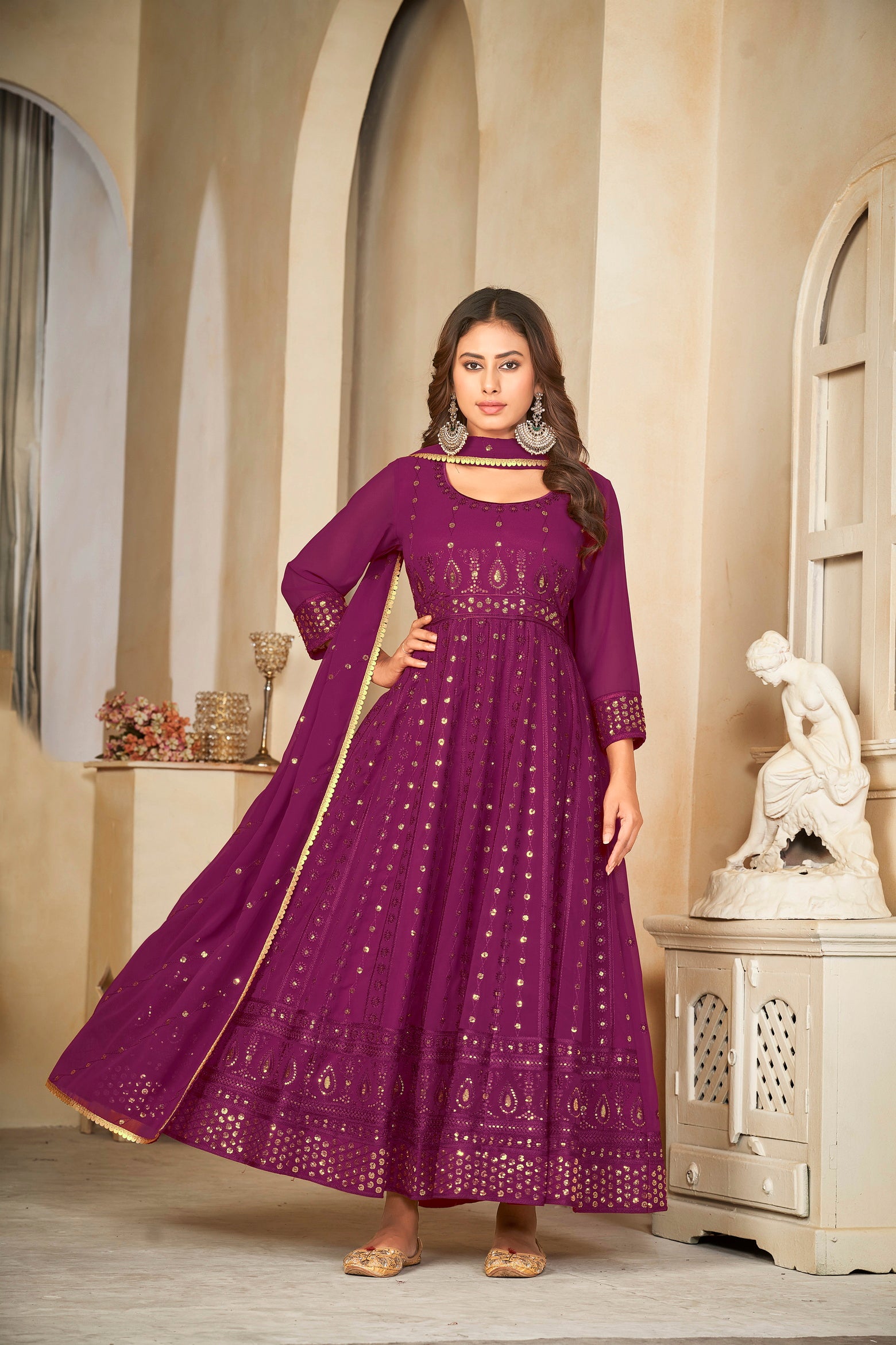 Purple Mirror Work Anarkali Suit with Embroidered Detailing