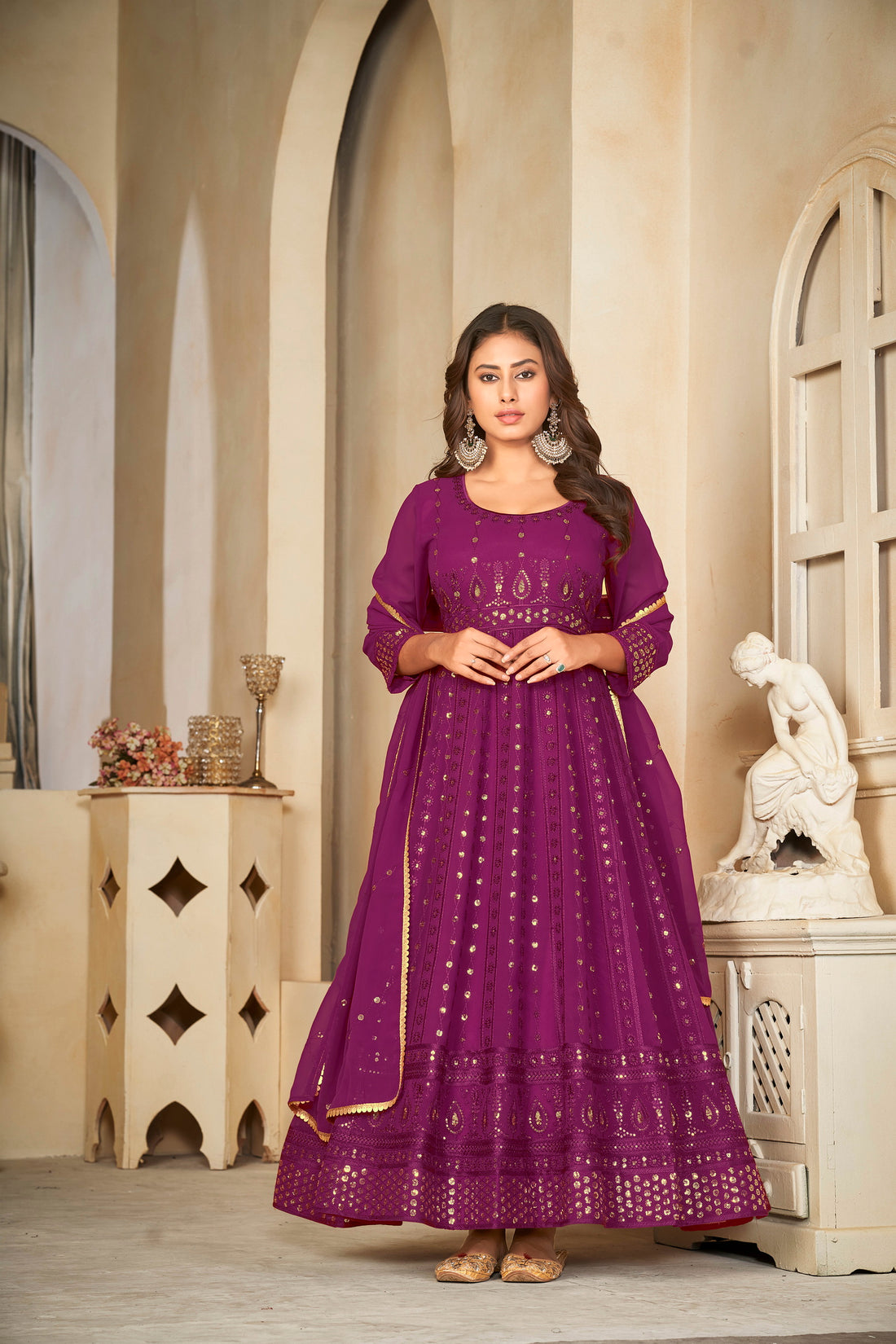 Purple Mirror Work Anarkali Suit with Embroidered Detailing