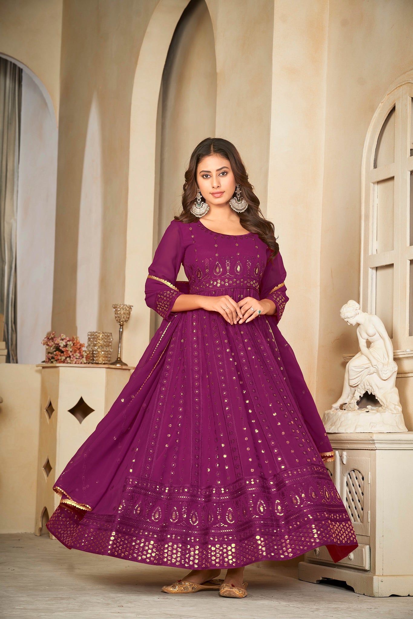 Purple Mirror Work Anarkali Suit with Embroidered Detailing