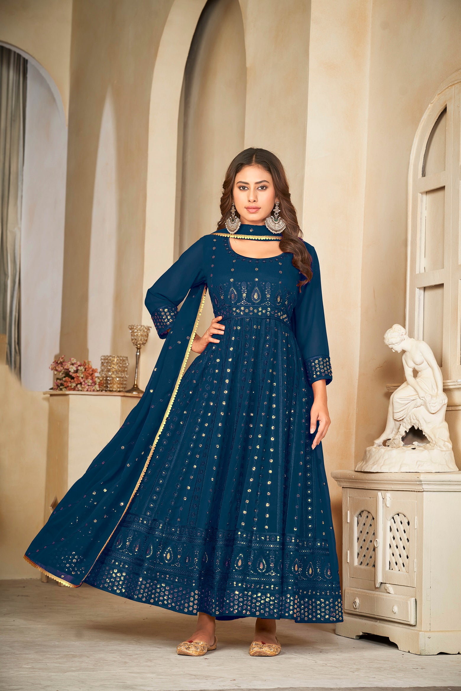Rama Mirror Work Anarkali Suit with Embroidered Detailing