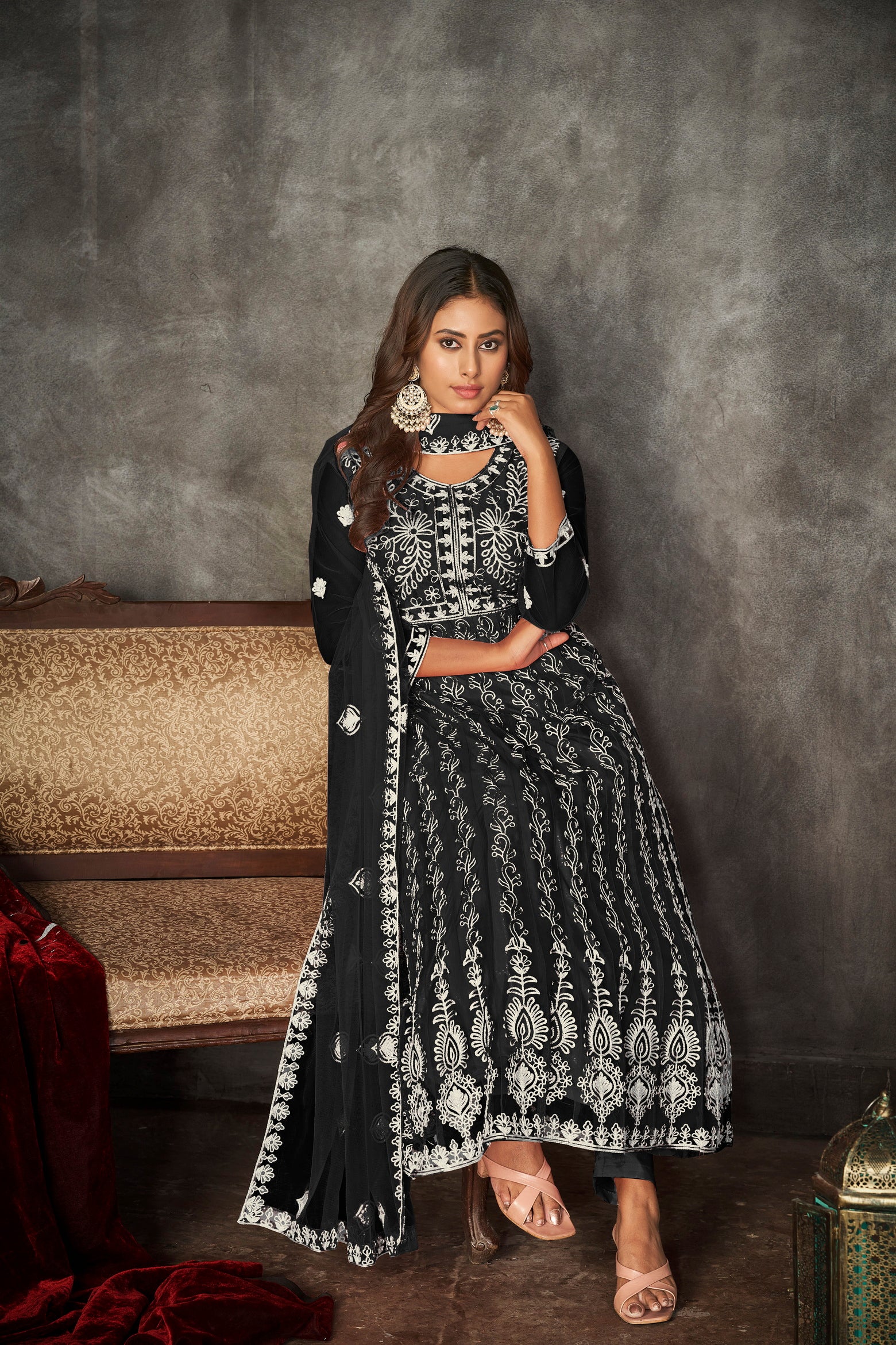 Black & White Embroidered Anarkali Suit Look