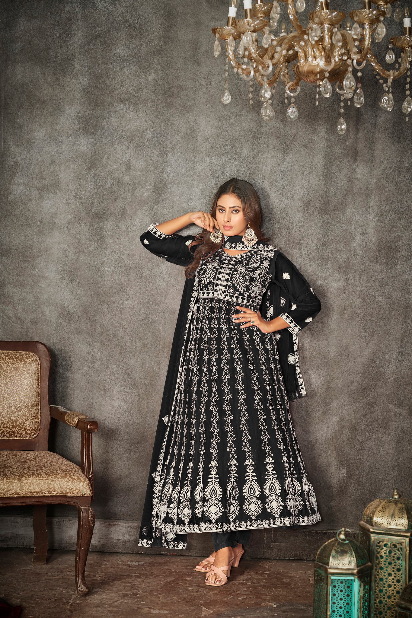 Black & White Embroidered Anarkali Suit Look