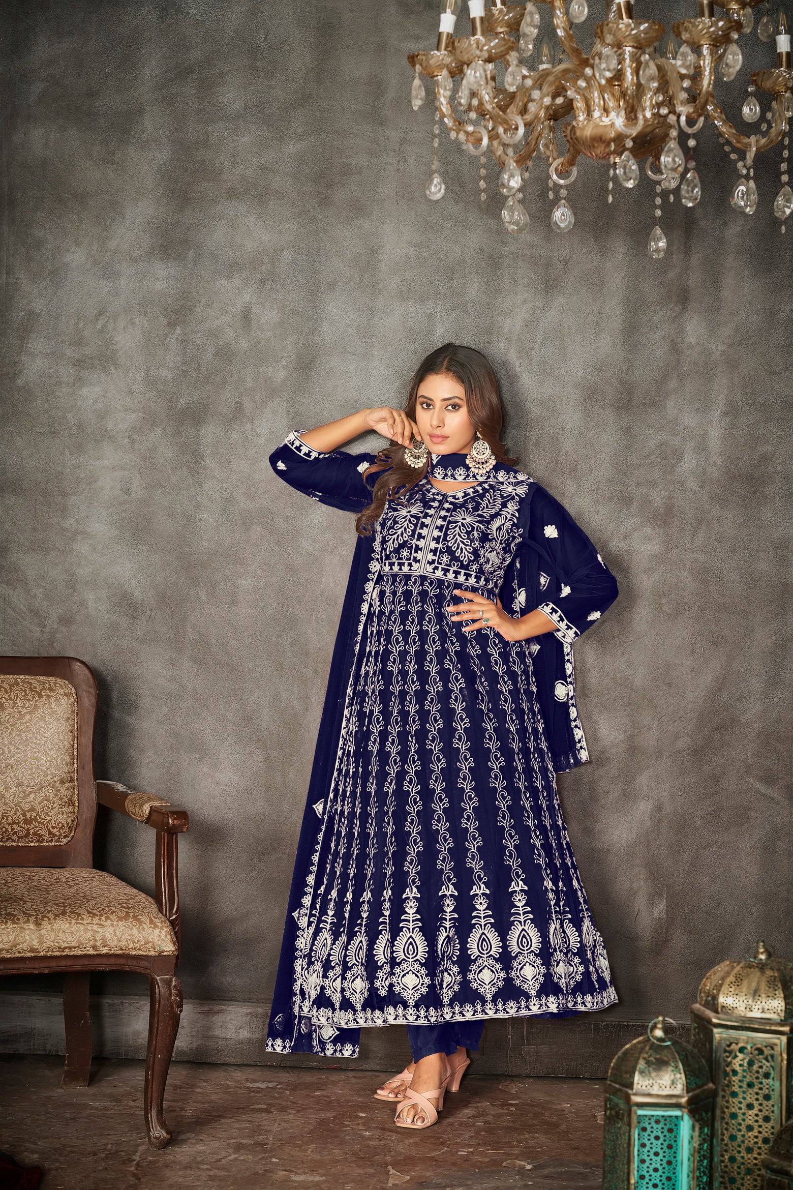 Blue & White Embroidered Anarkali Suit Look