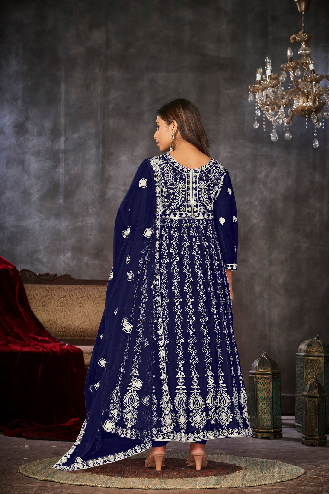 Blue & White Embroidered Anarkali Suit Look