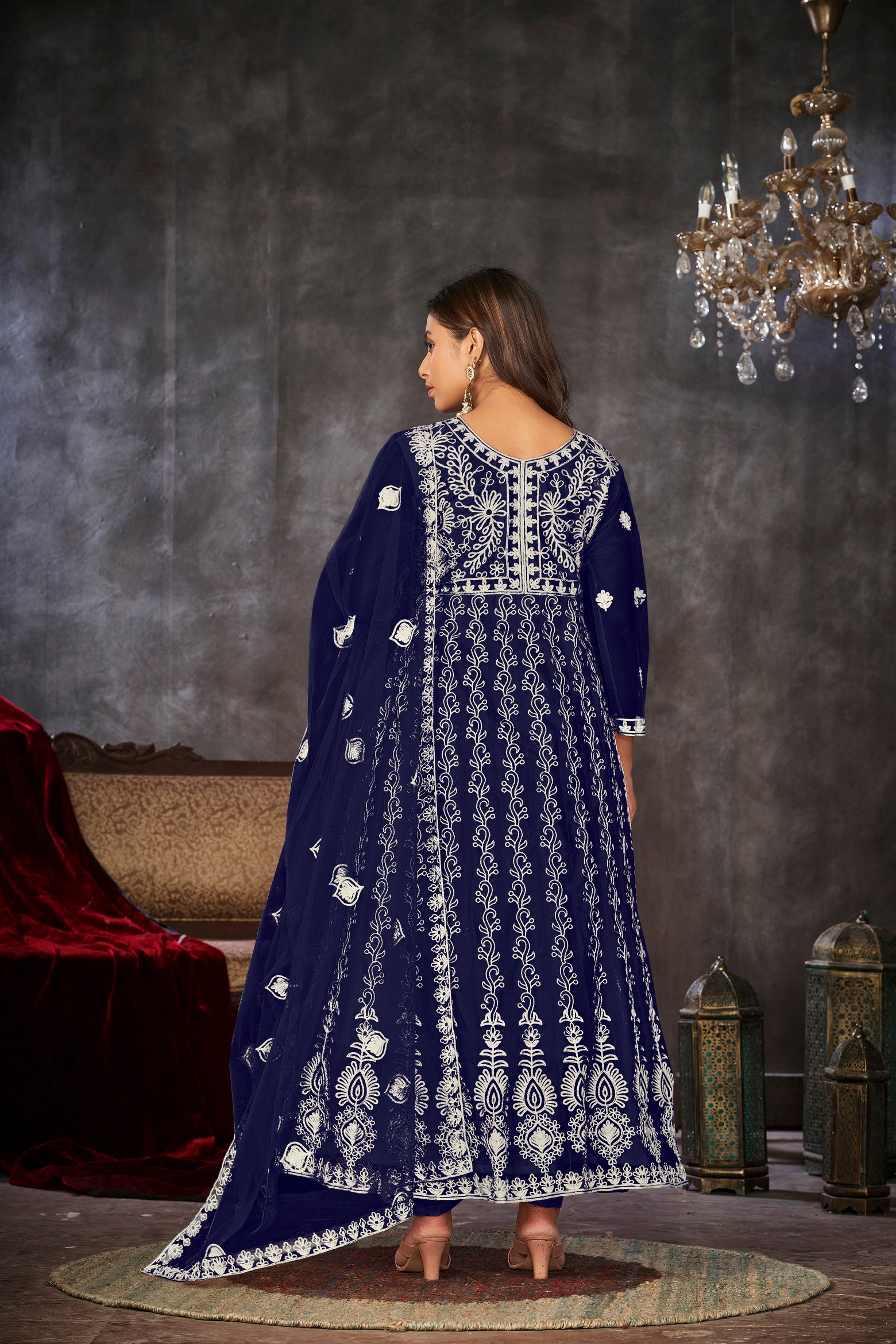 Blue & White Embroidered Anarkali Suit Look