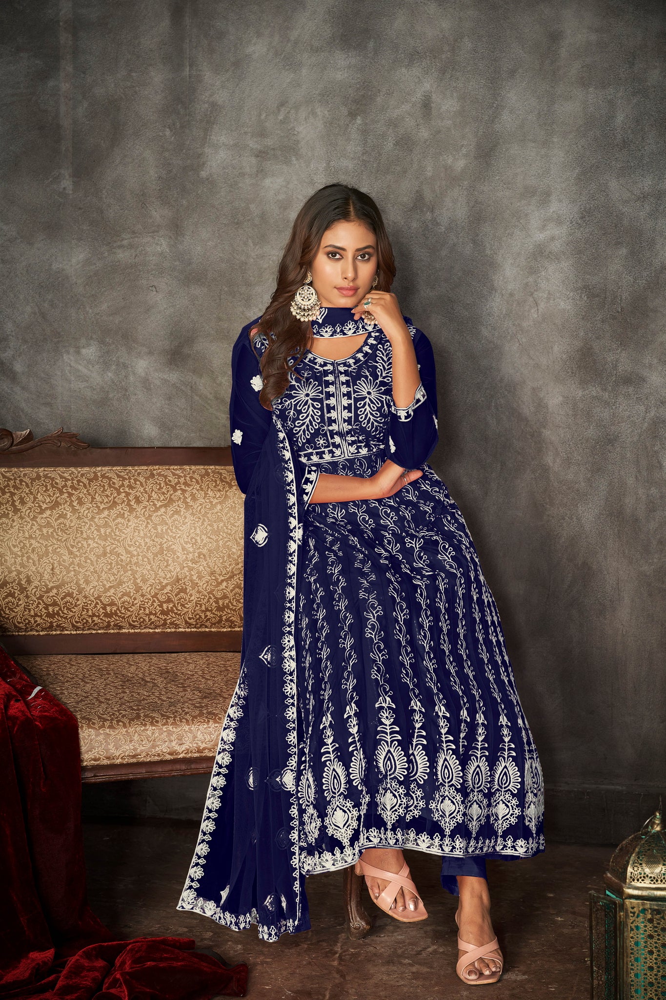 Blue & White Embroidered Anarkali Suit Look