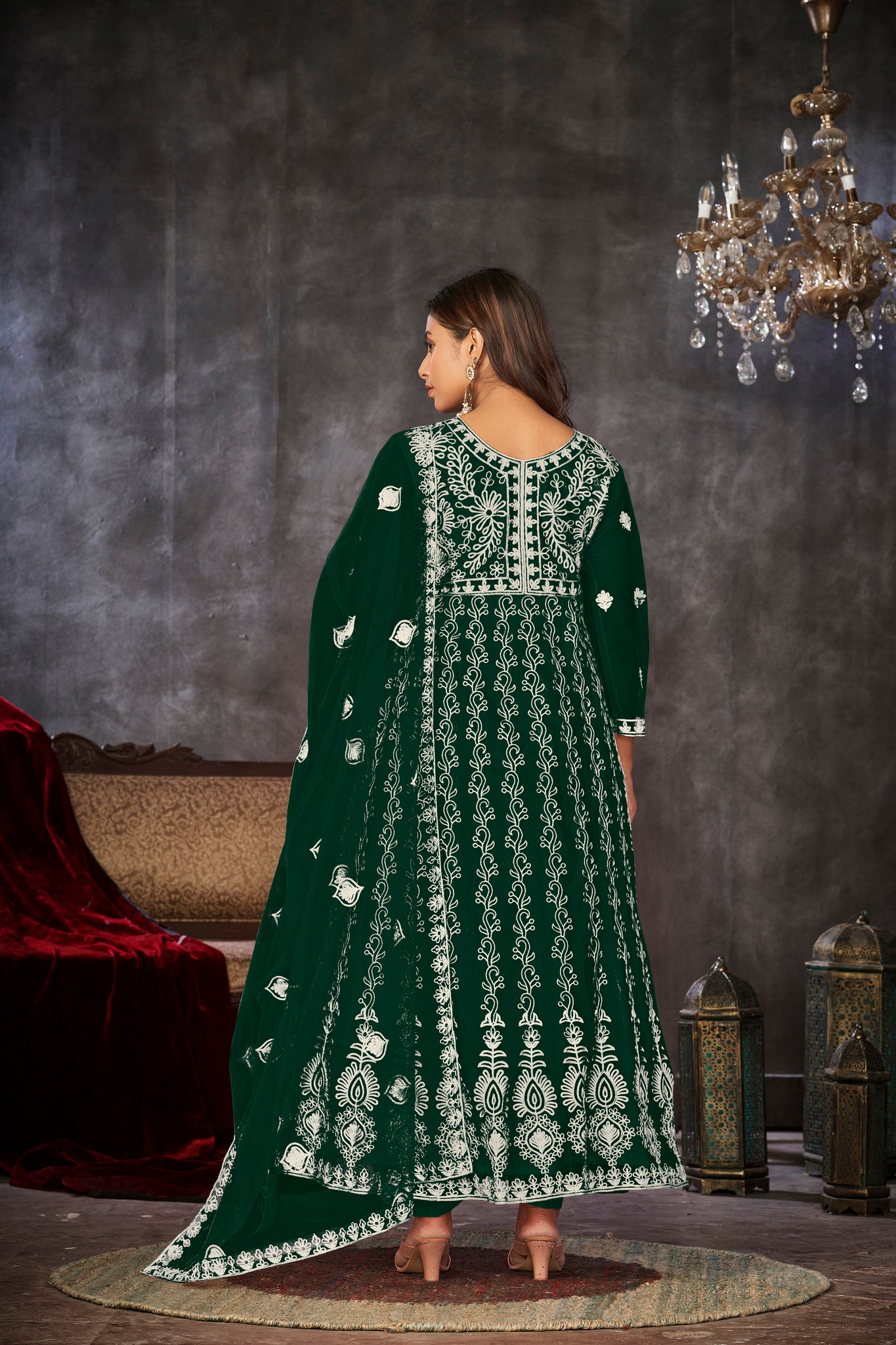 Green & White Embroidered Anarkali Suit Look