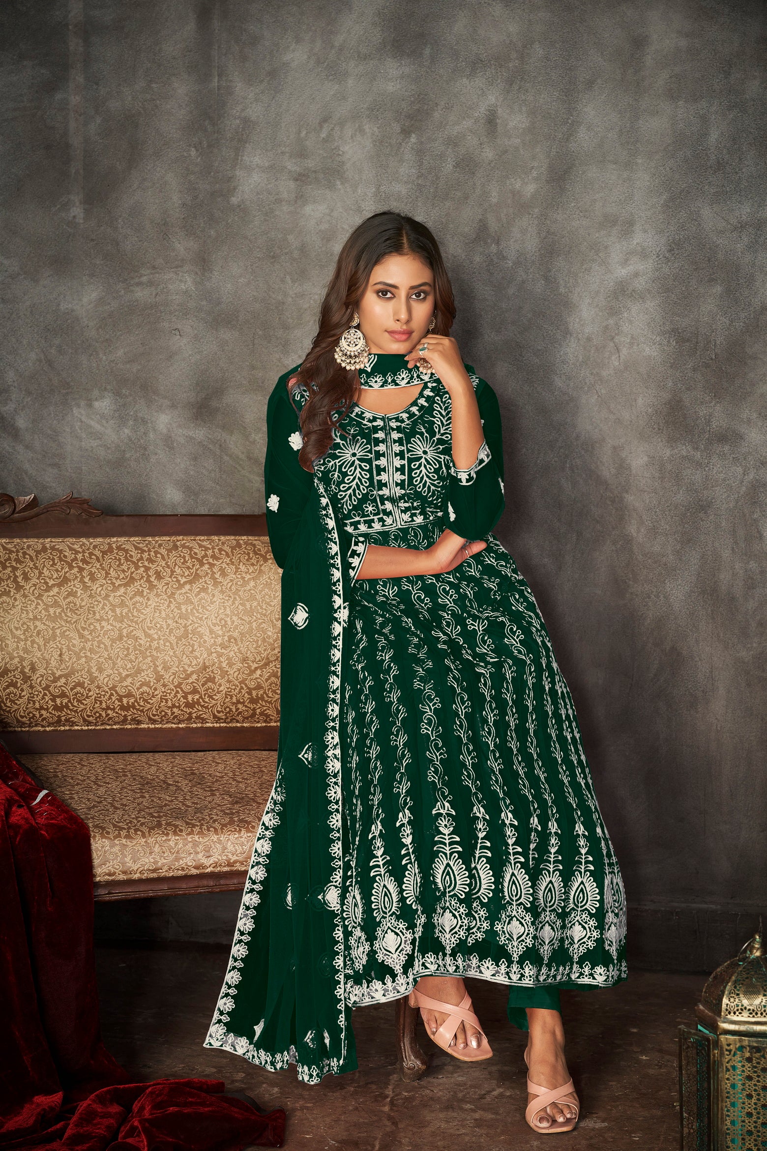 Green & White Embroidered Anarkali Suit Look