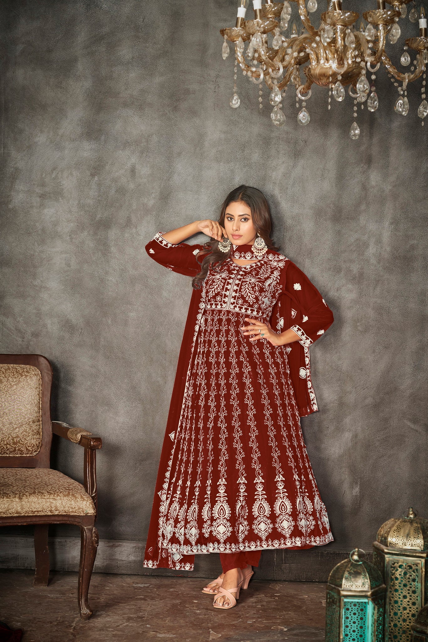 Maroon & White Embroidered Anarkali Suit Look