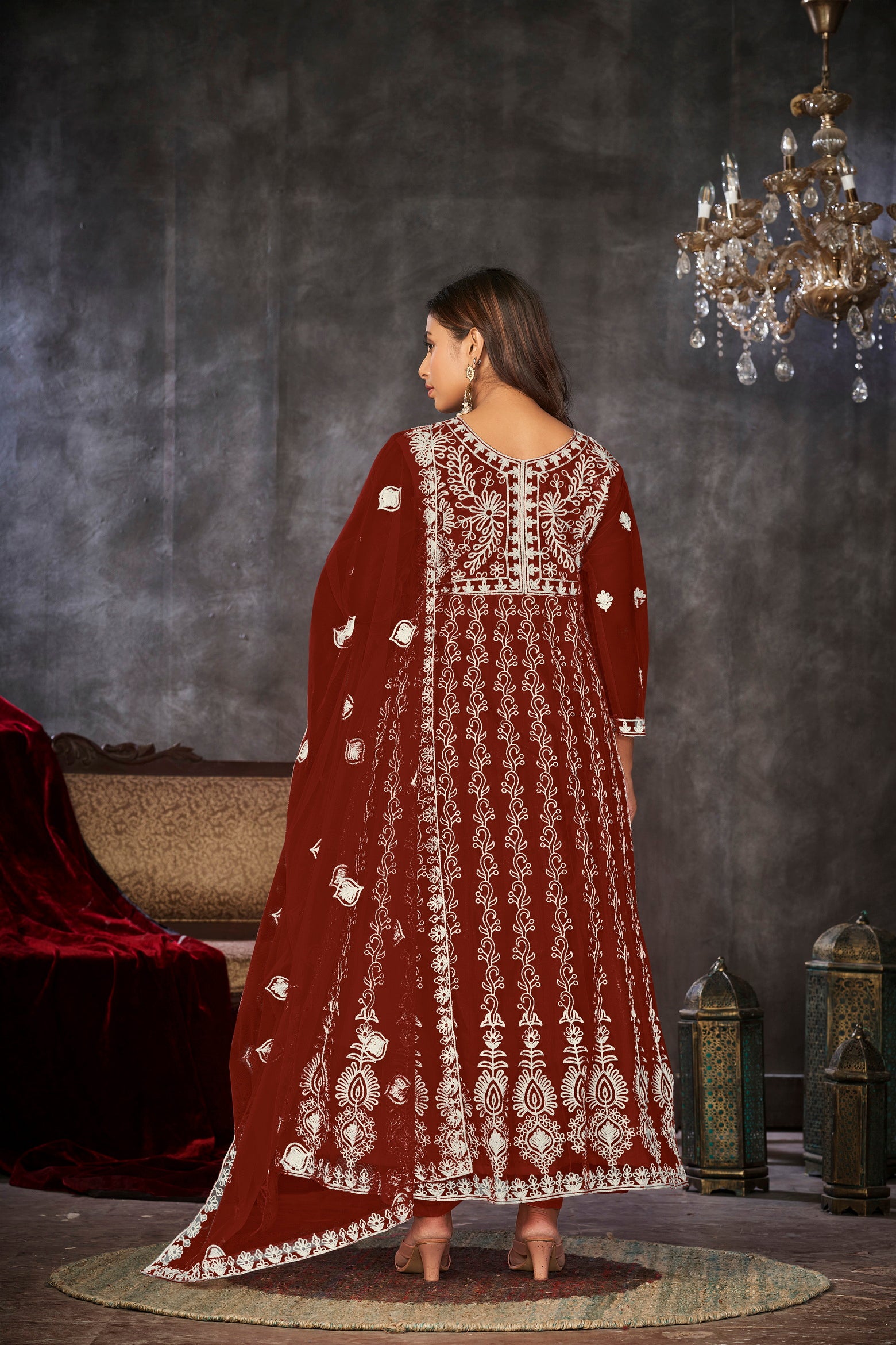 Maroon & White Embroidered Anarkali Suit Look