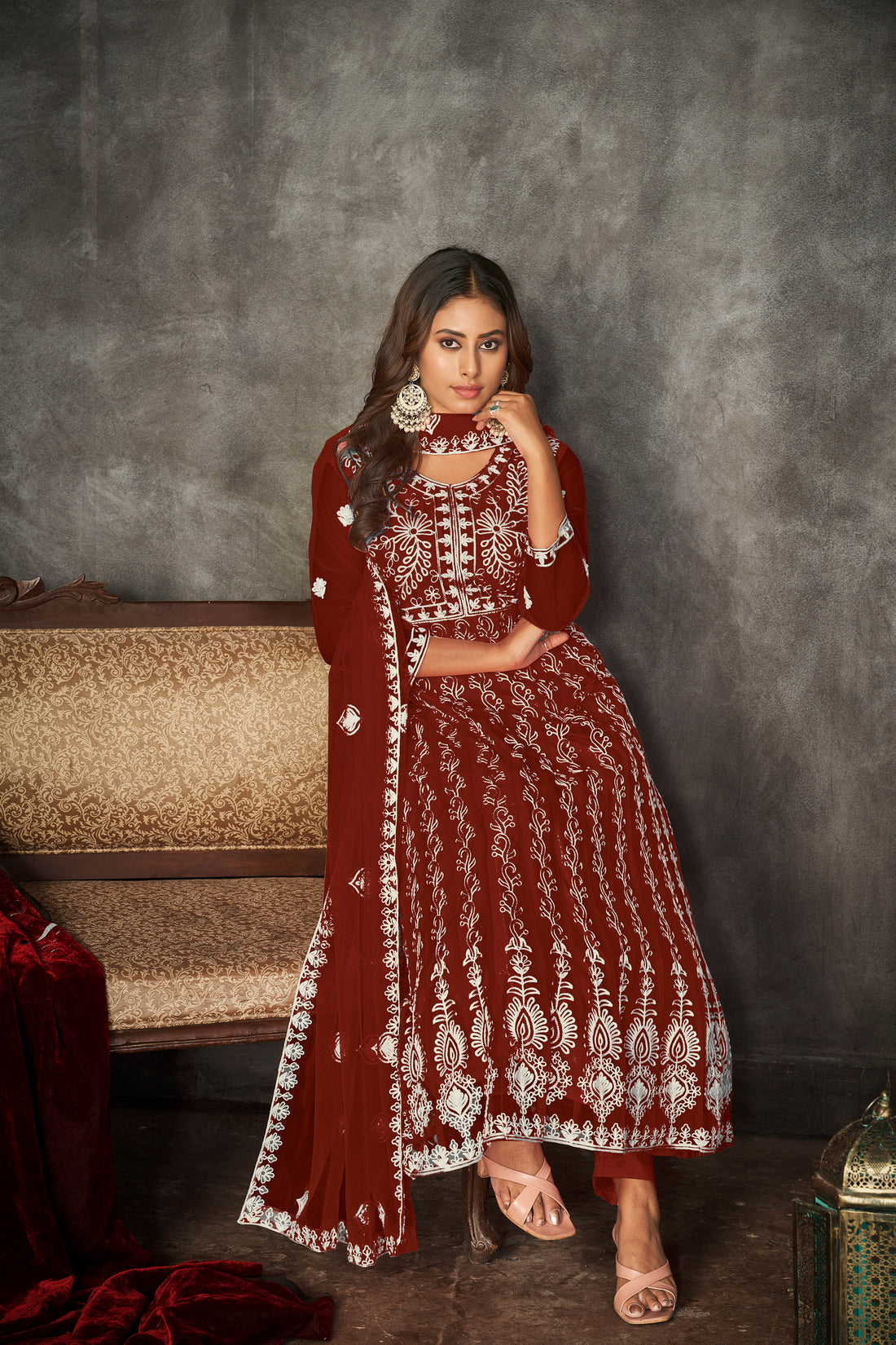 Maroon & White Embroidered Anarkali Suit Look