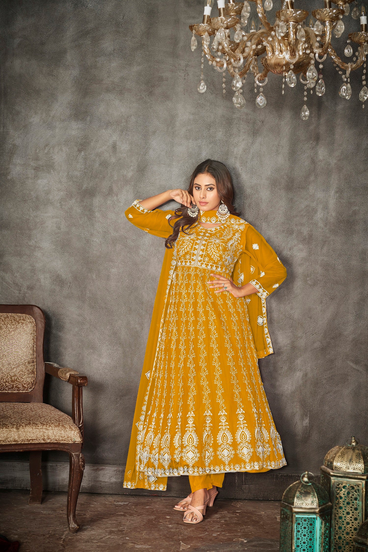 Mustard & White Embroidered Anarkali Suit Look
