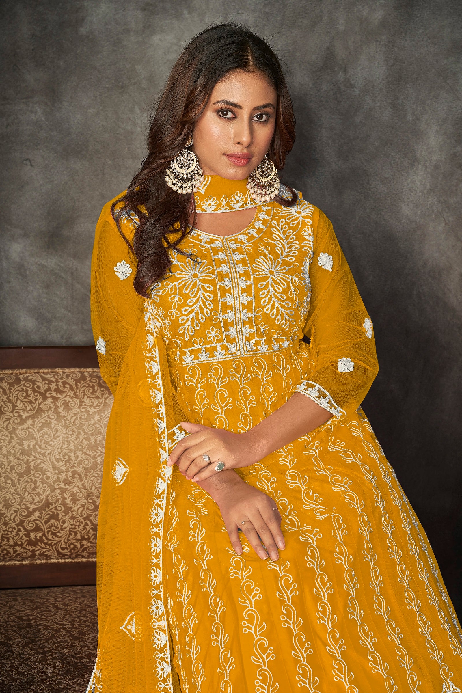 Mustard & White Embroidered Anarkali Suit Look
