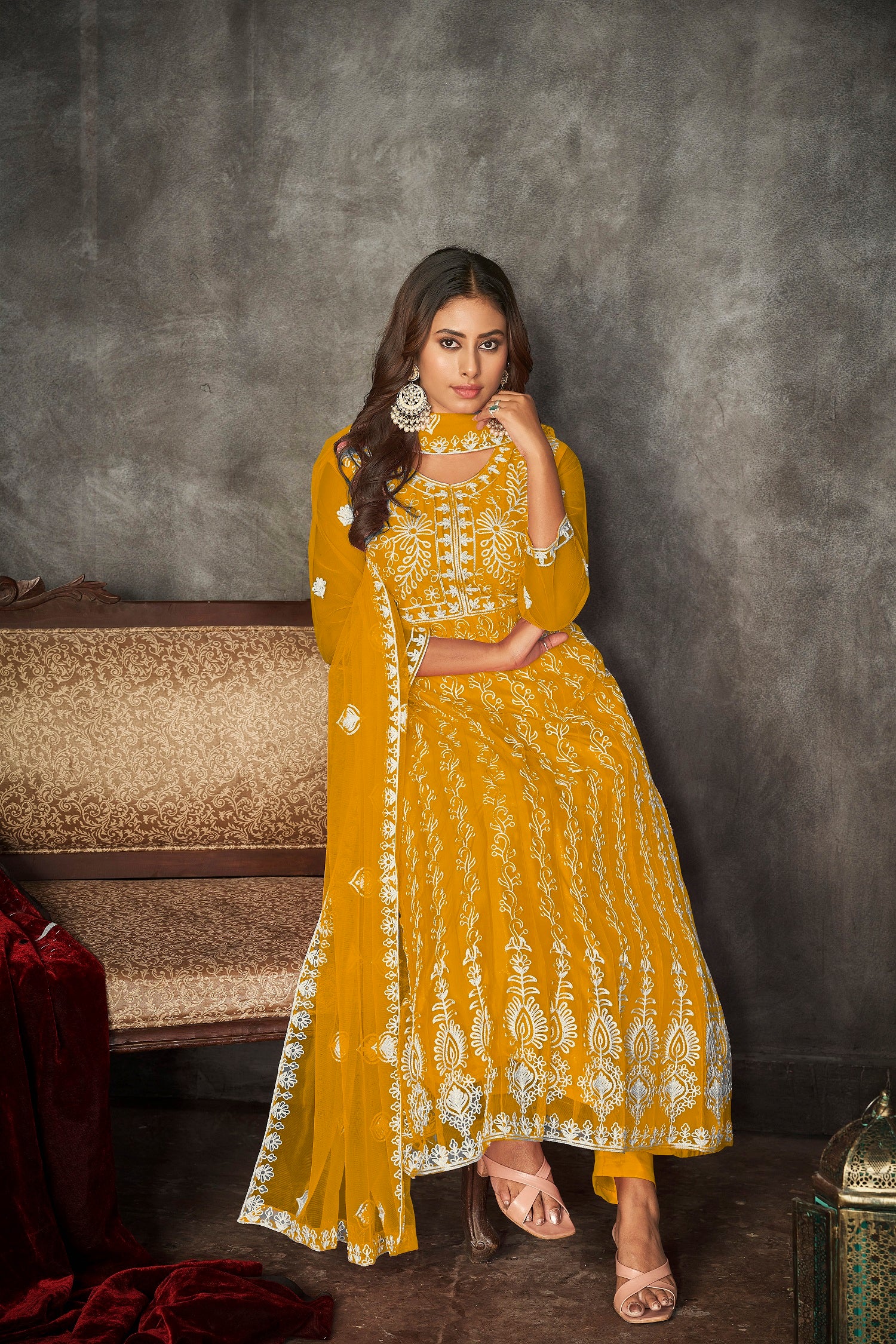 Mustard & White Embroidered Anarkali Suit Look
