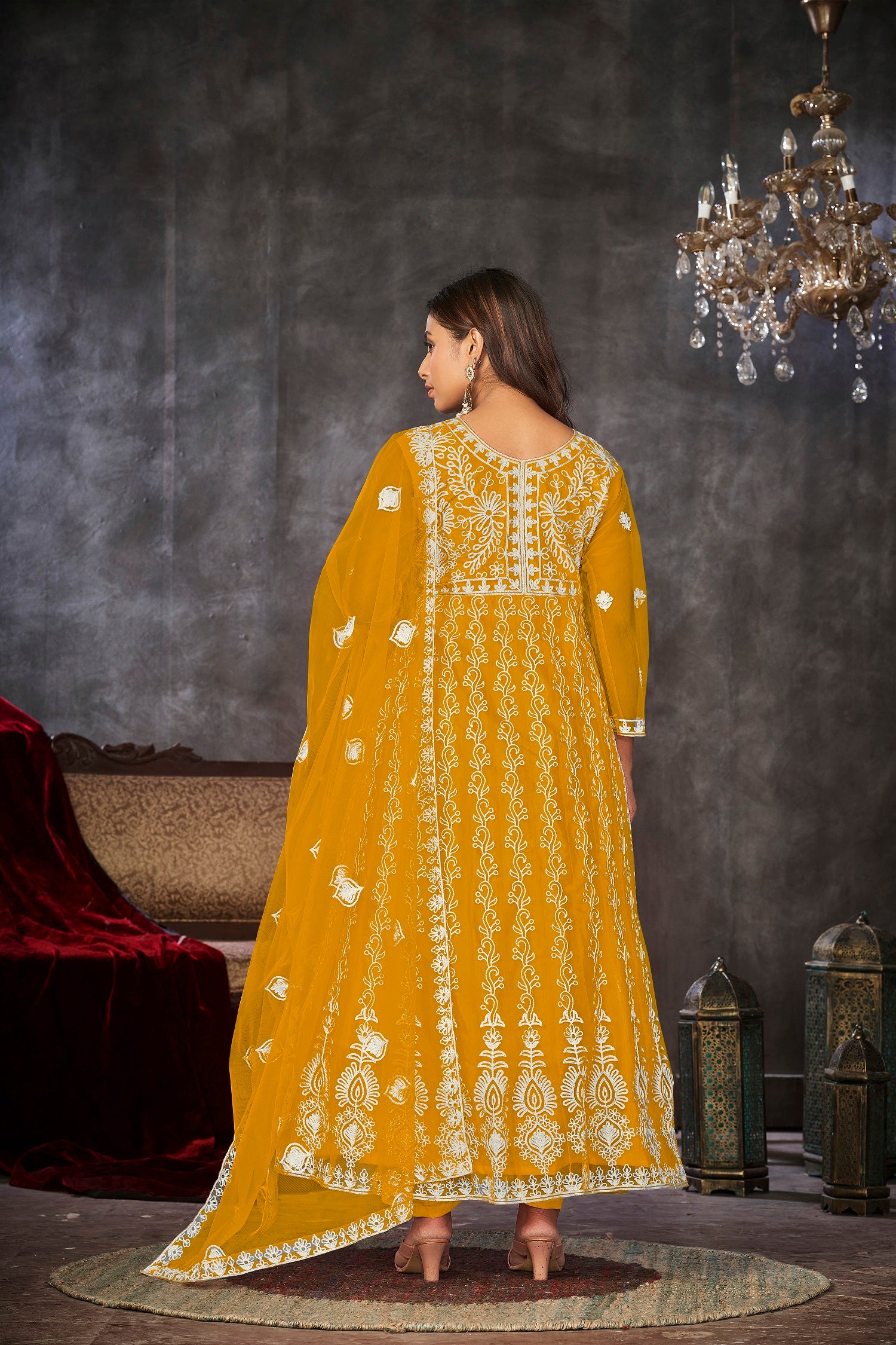 Mustard & White Embroidered Anarkali Suit Look