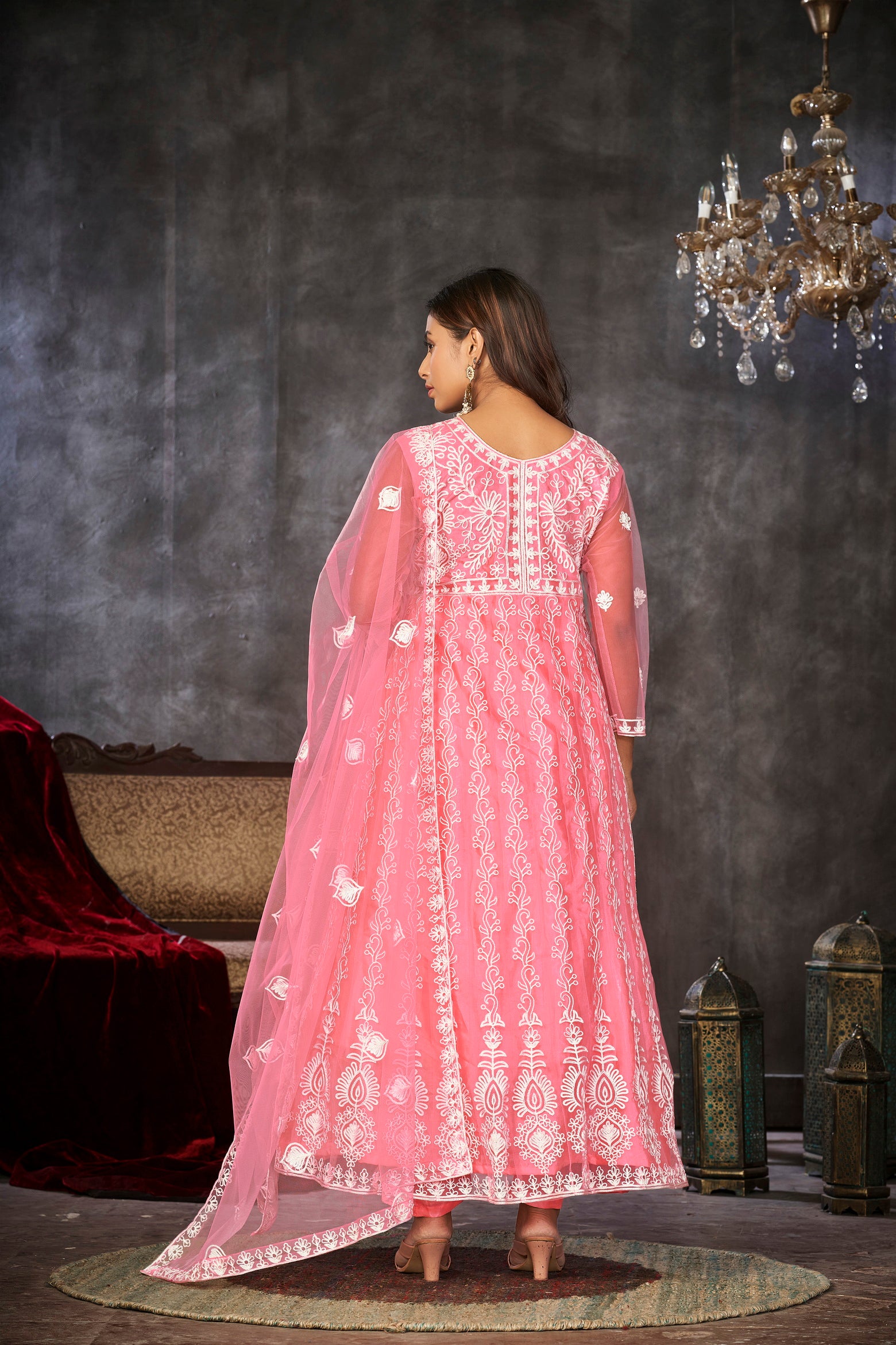 Pink & White Embroidered Anarkali Suit Look