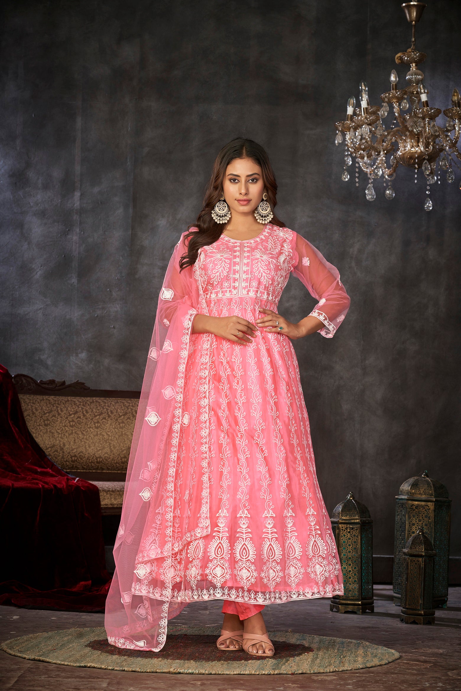 Pink & White Embroidered Anarkali Suit Look